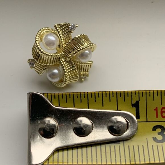 Vintage 1960s Style Faux Pearl Bow Ribbon Earrings, 18k Gold Plated Studs, Gift - Picture 8 of 9